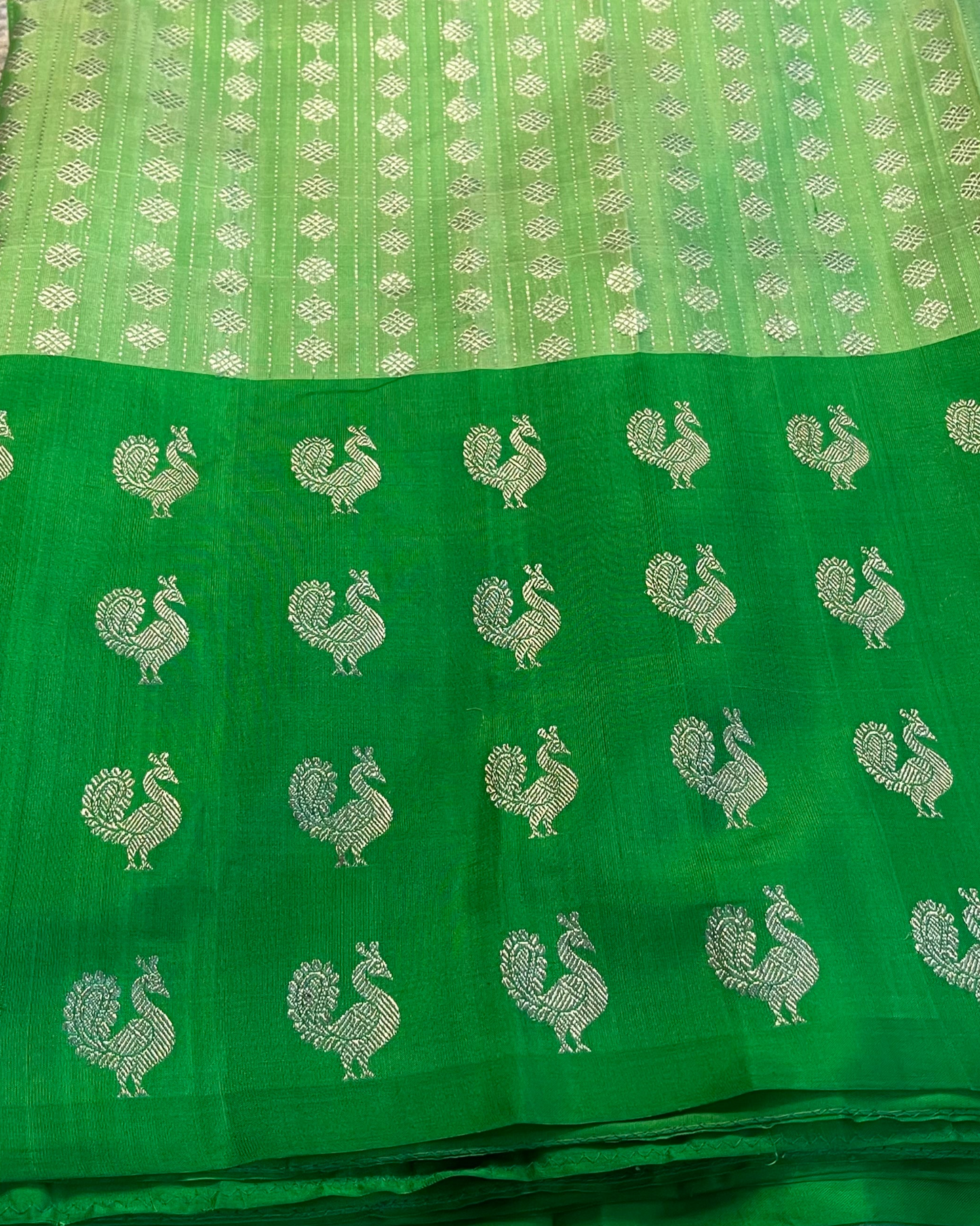 Exquisite Designer Light Green Silk Saree with Intricate Peacock Border w/ Blouse