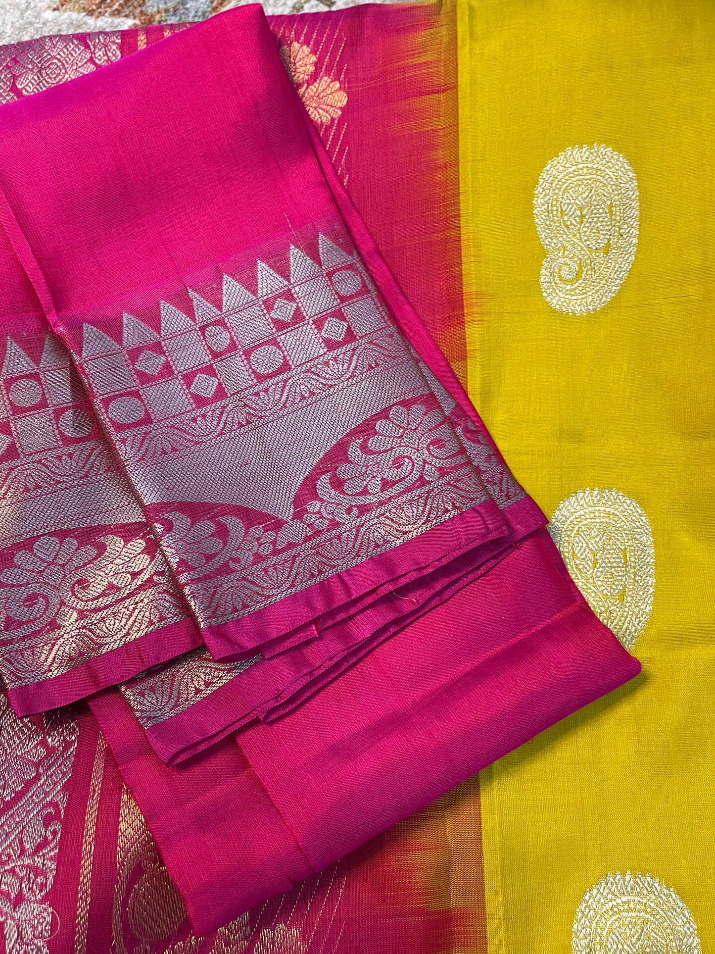 Elegant Haldi Yellow Saree with Dark Pink Silver Zari Border