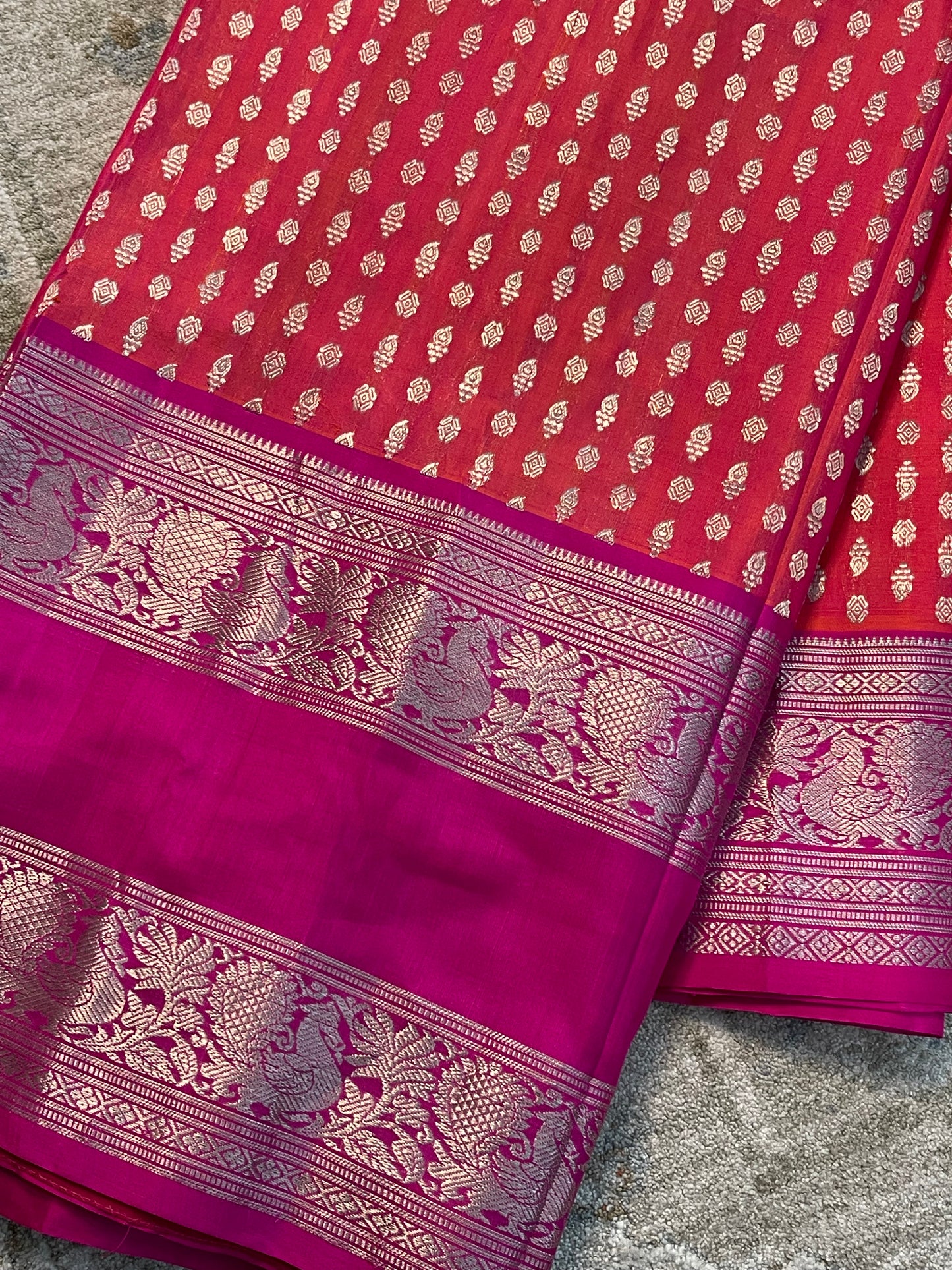 Elegant Peach Silk Saree with Silver Zari on Pink Border