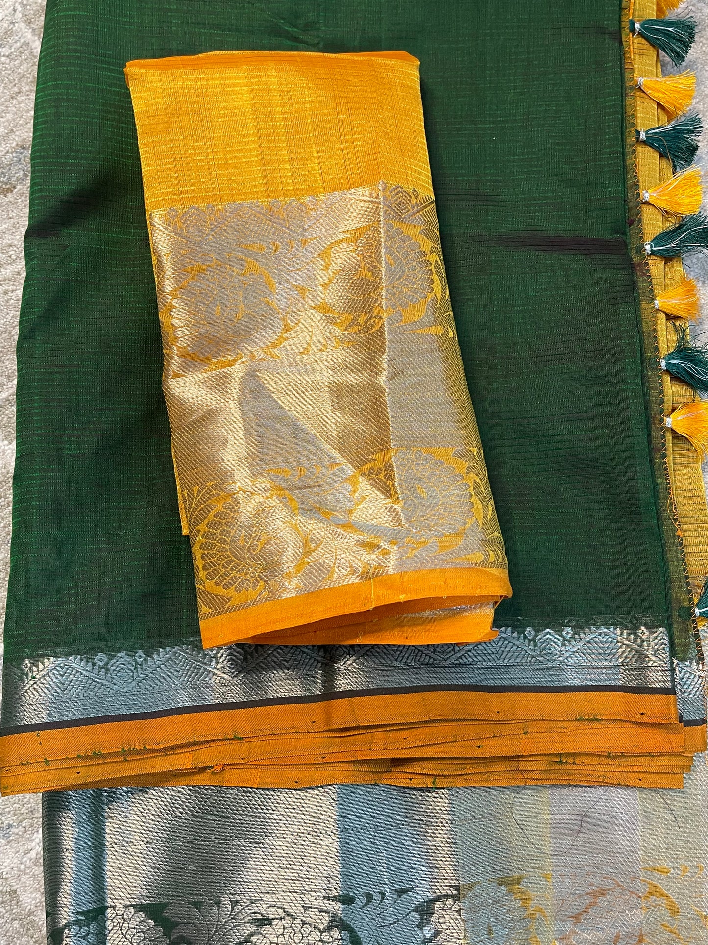 Traditional Dark Green Cotton Silk Saree with Yellow Zari Border