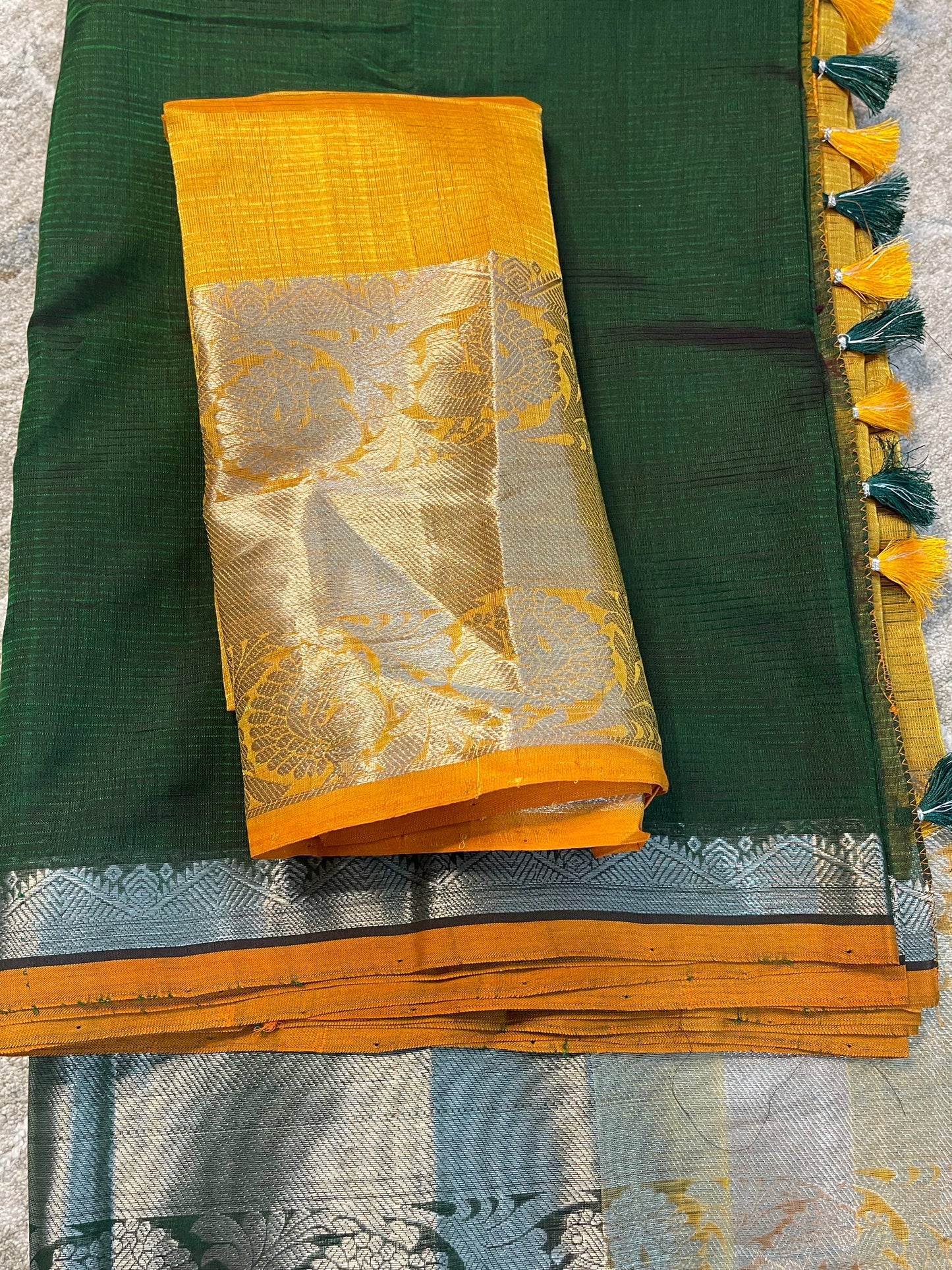 Traditional Dark Green Cotton Silk Saree with Yellow Zari Border