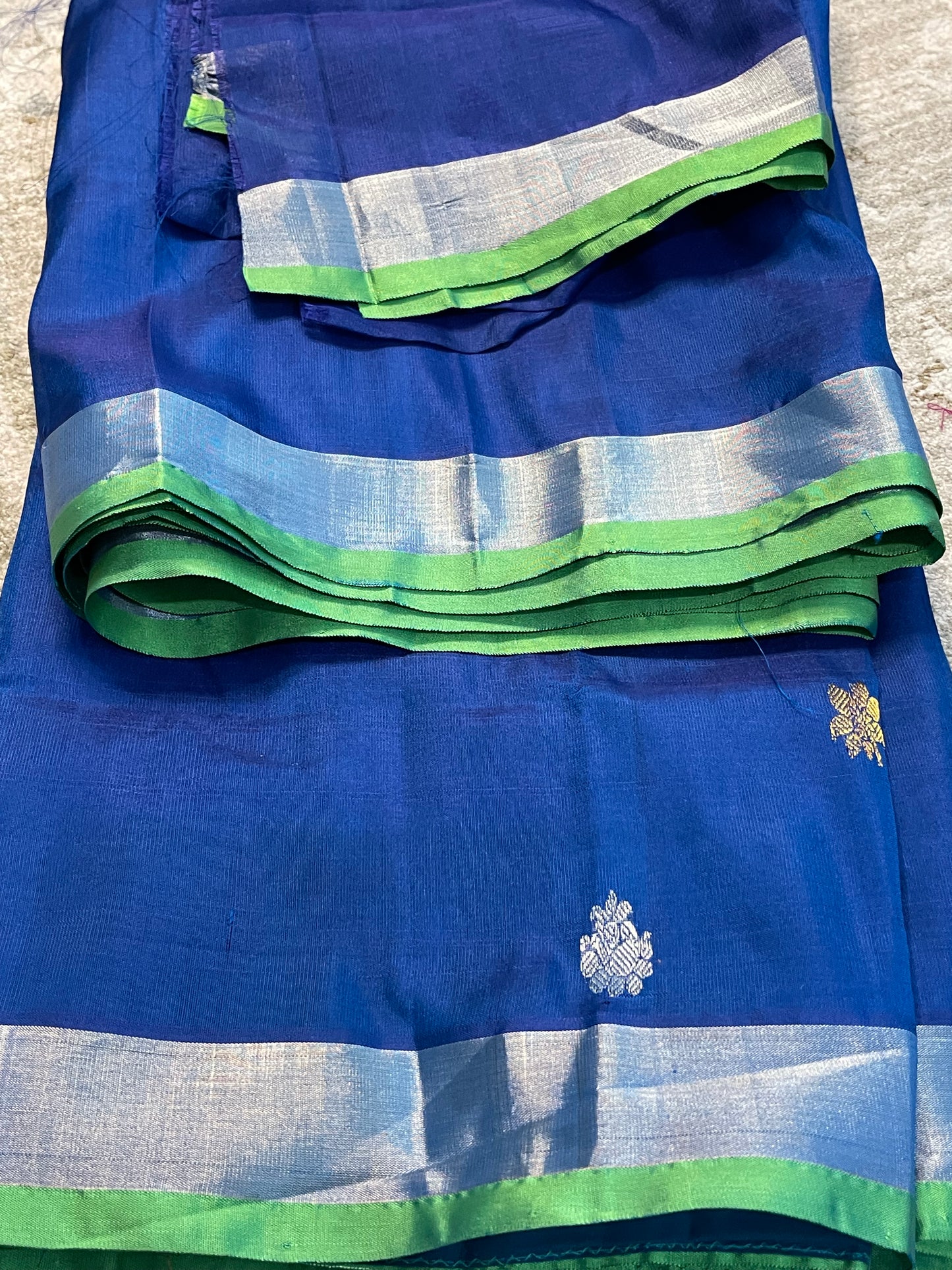 Elegant Teal Blue Saree with Parrot Green Selvedge and Self Zari