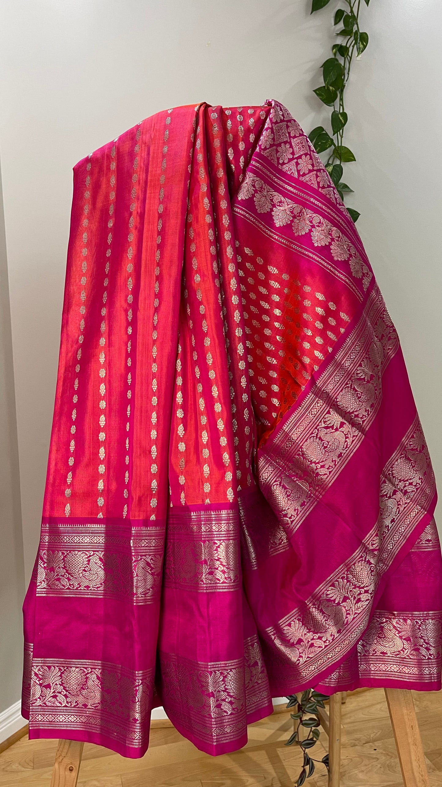 Elegant Peach Silk Saree with Silver Zari on Pink Border