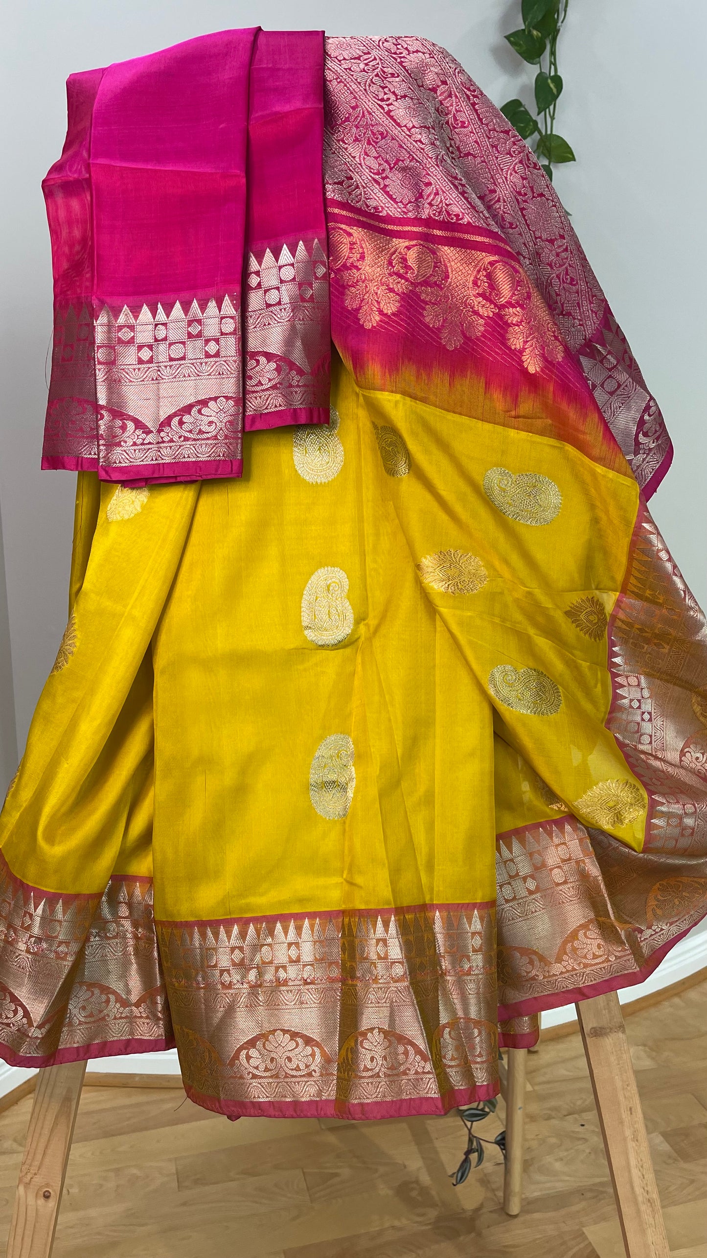 Elegant Haldi Yellow Saree with Dark Pink Silver Zari Border