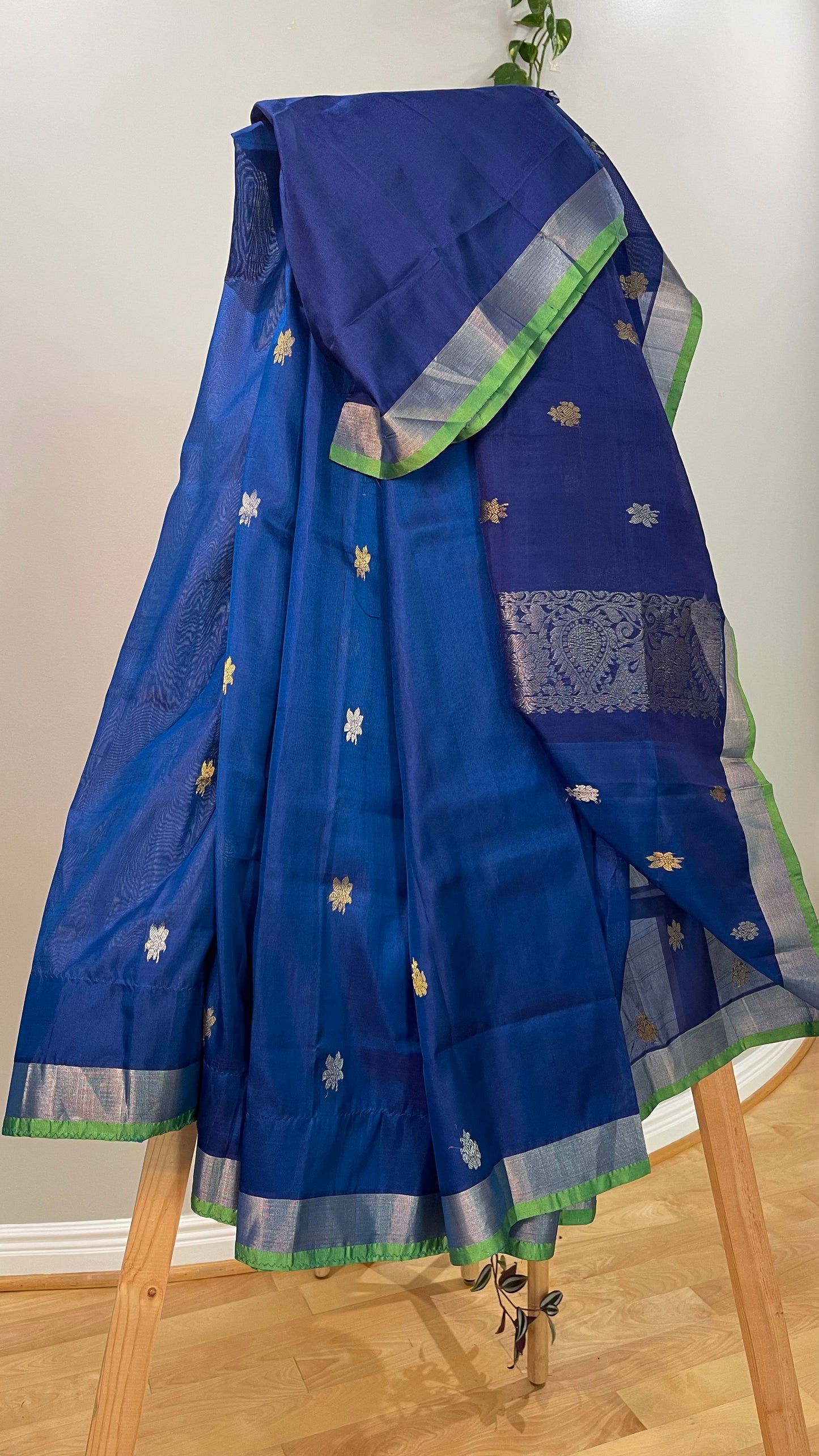 Elegant Teal Blue Saree with Parrot Green Selvedge and Self Zari