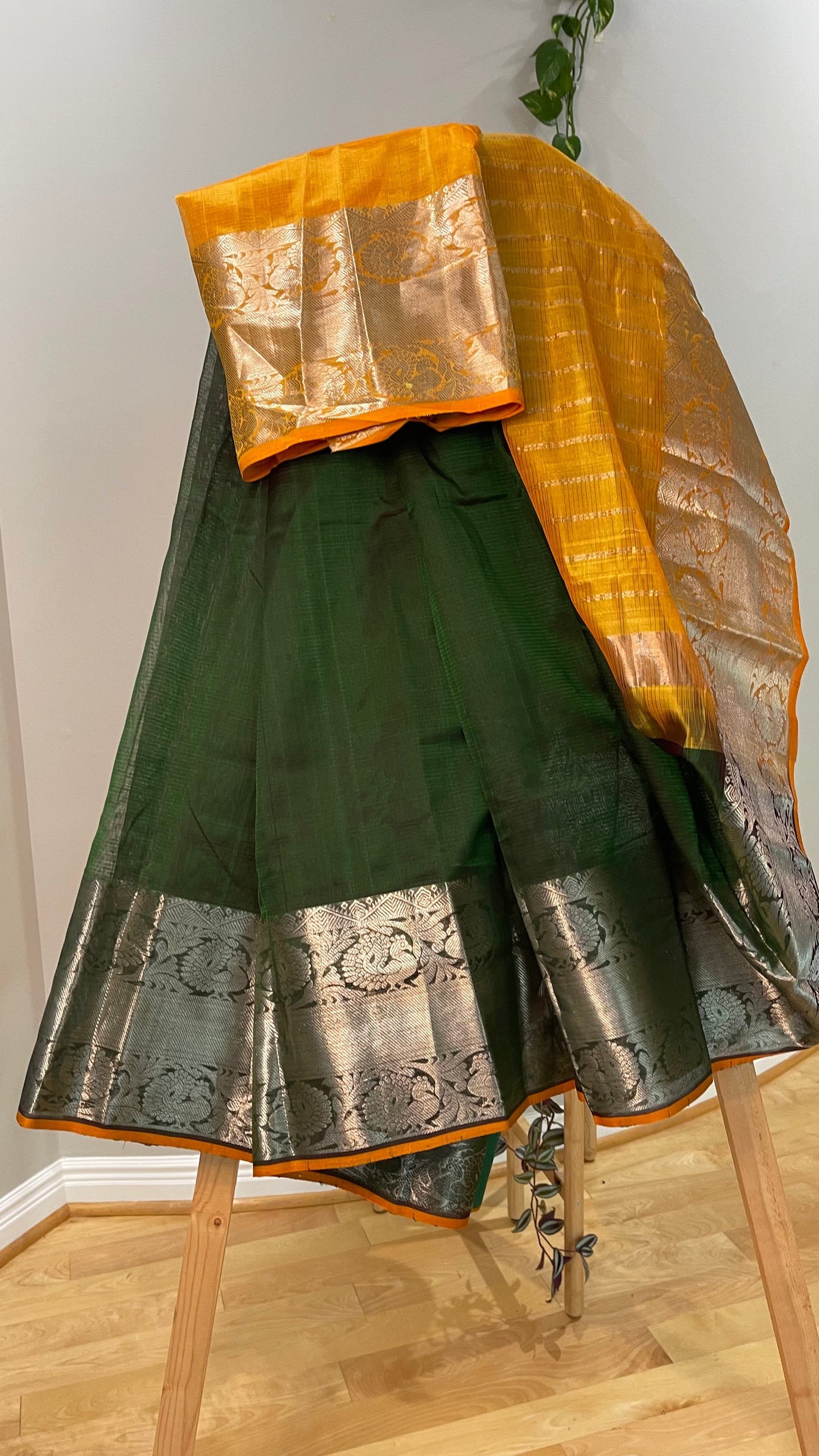 Traditional Dark Green Cotton Silk Saree with Yellow Zari Border