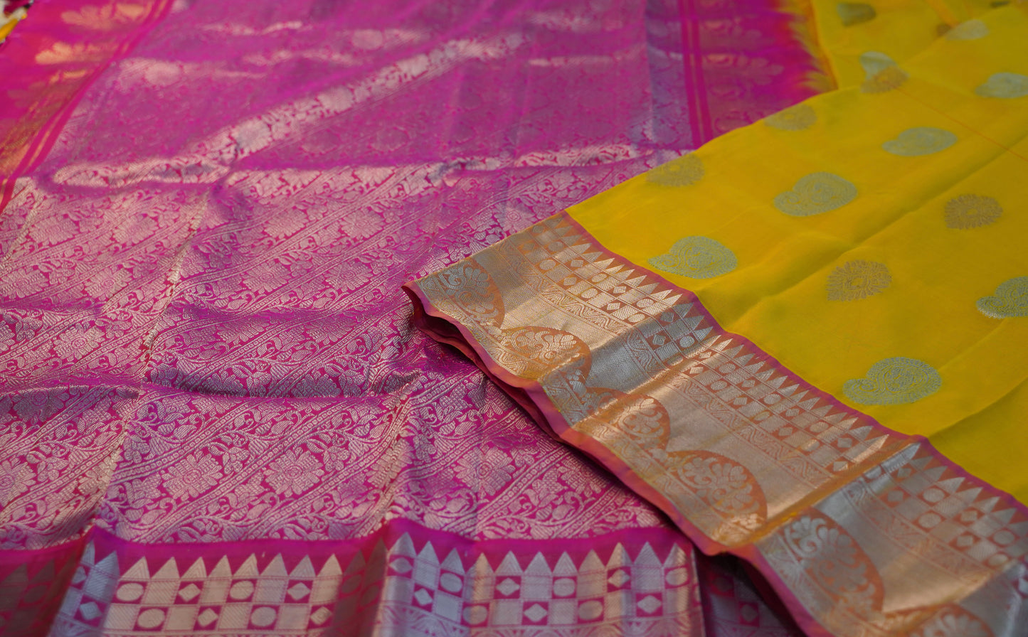 Elegant Haldi Yellow Saree with Dark Pink Silver Zari Border
