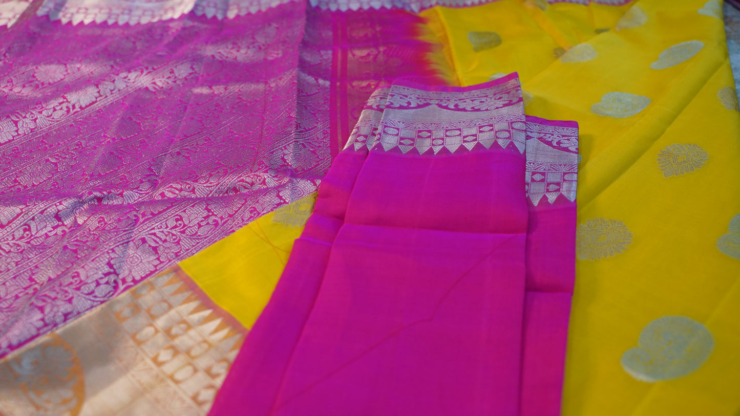 Elegant Haldi Yellow Saree with Dark Pink Silver Zari Border