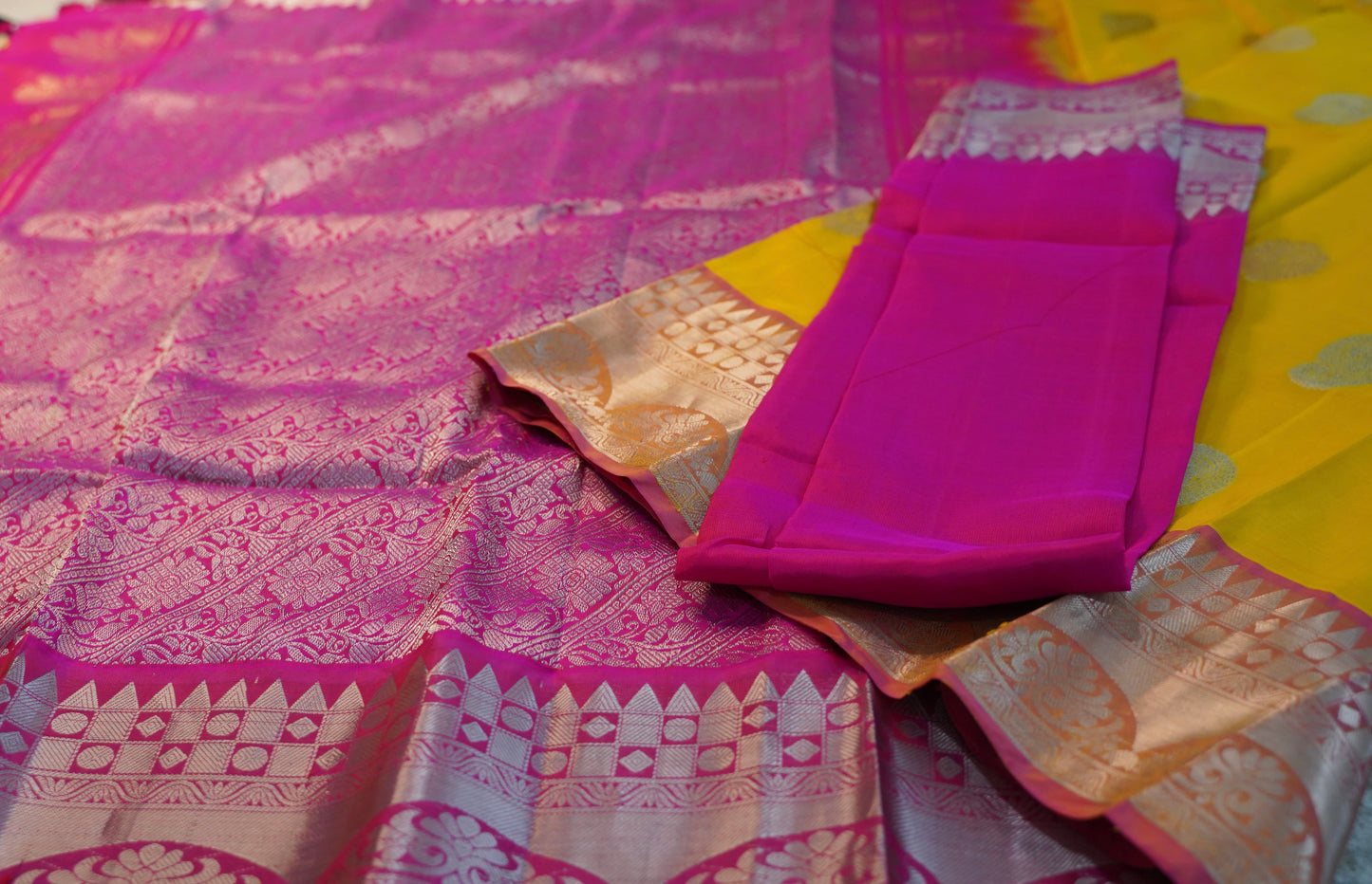 Elegant Haldi Yellow Saree with Dark Pink Silver Zari Border