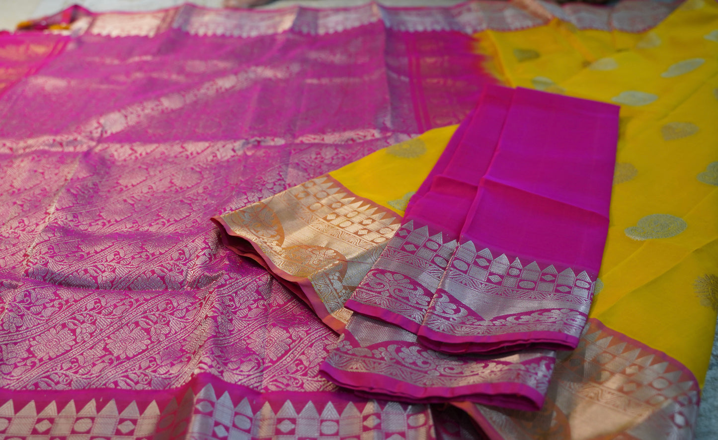 Elegant Haldi Yellow Saree with Dark Pink Silver Zari Border