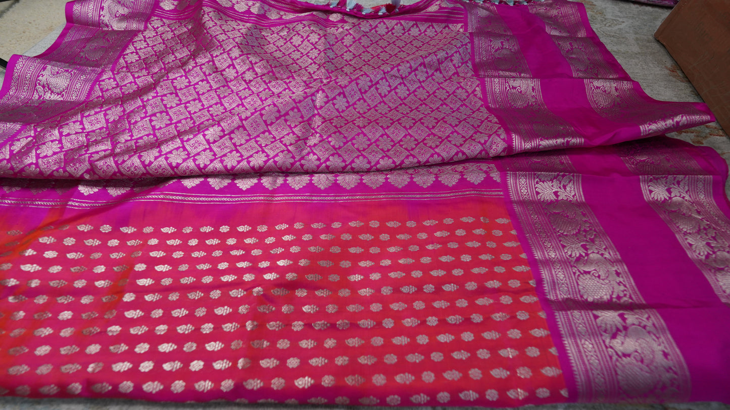Elegant Peach Silk Saree with Silver Zari on Pink Border