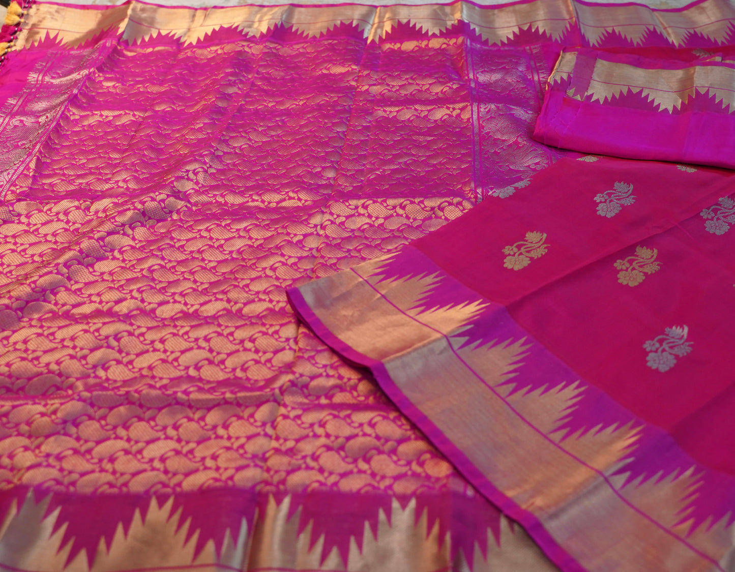 Elegant Rani Pink Silk Saree with Temple Border and Blouse