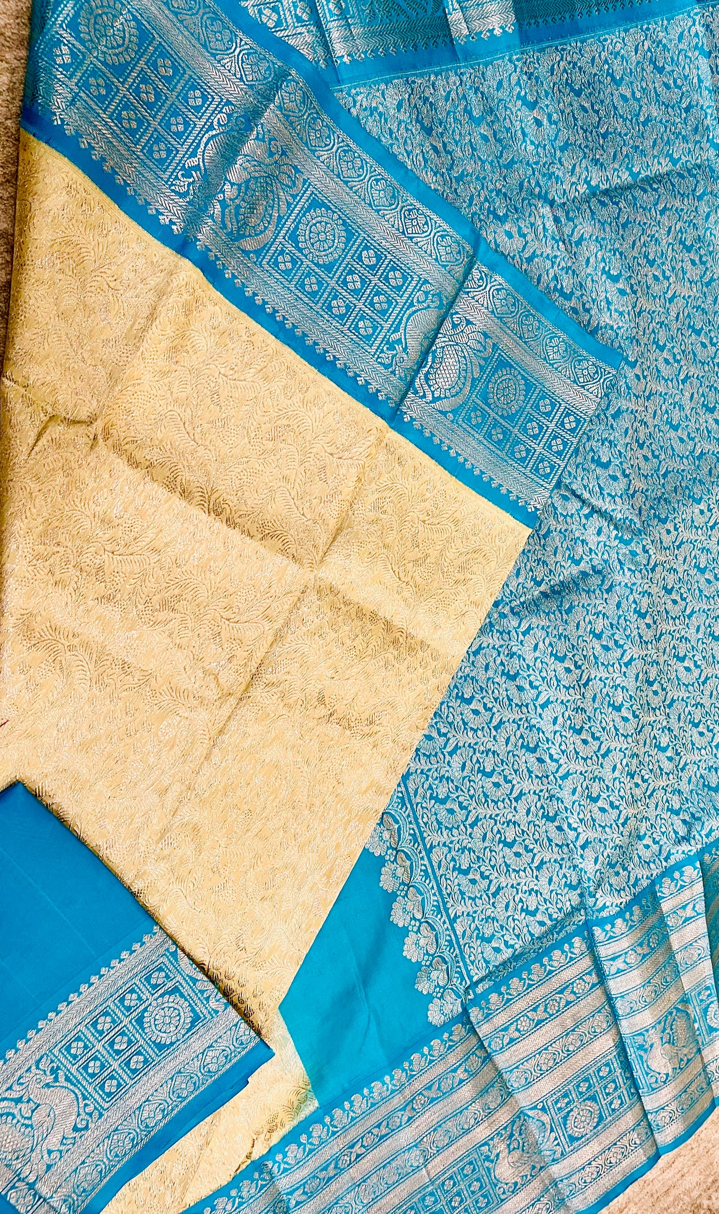 Elegant Cream Saree with Sea Blue and Silver Zari Border