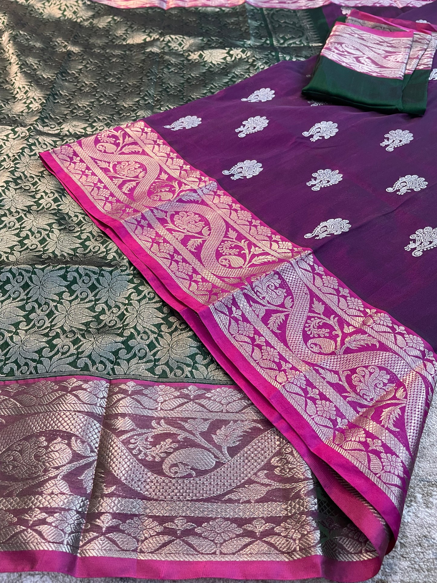 Elegant Dark Purple Silk Saree with Green Borders and Zari Motifs