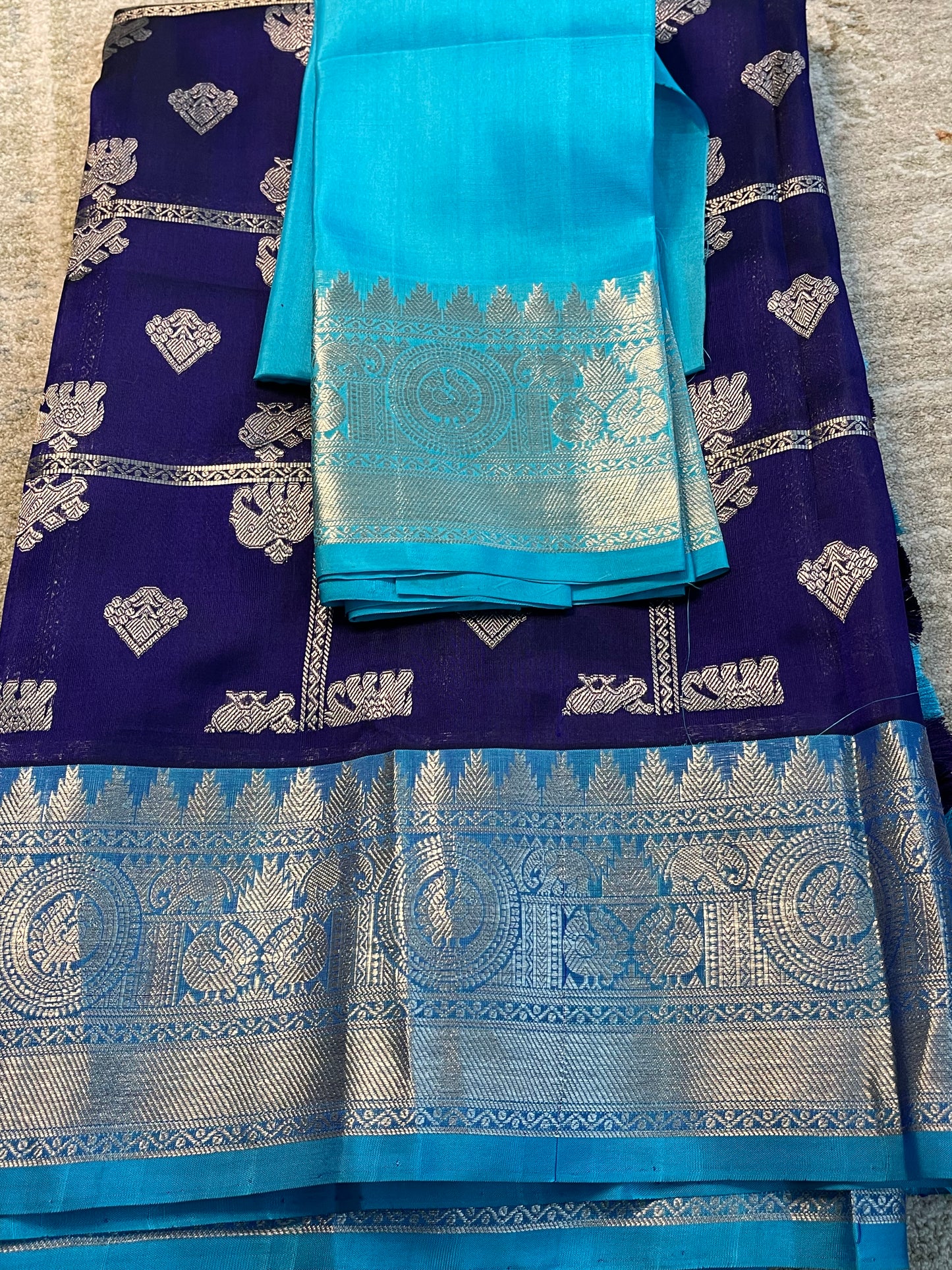 Exclusive Navy Blue Saree with Teal Blue Silver Zari Border