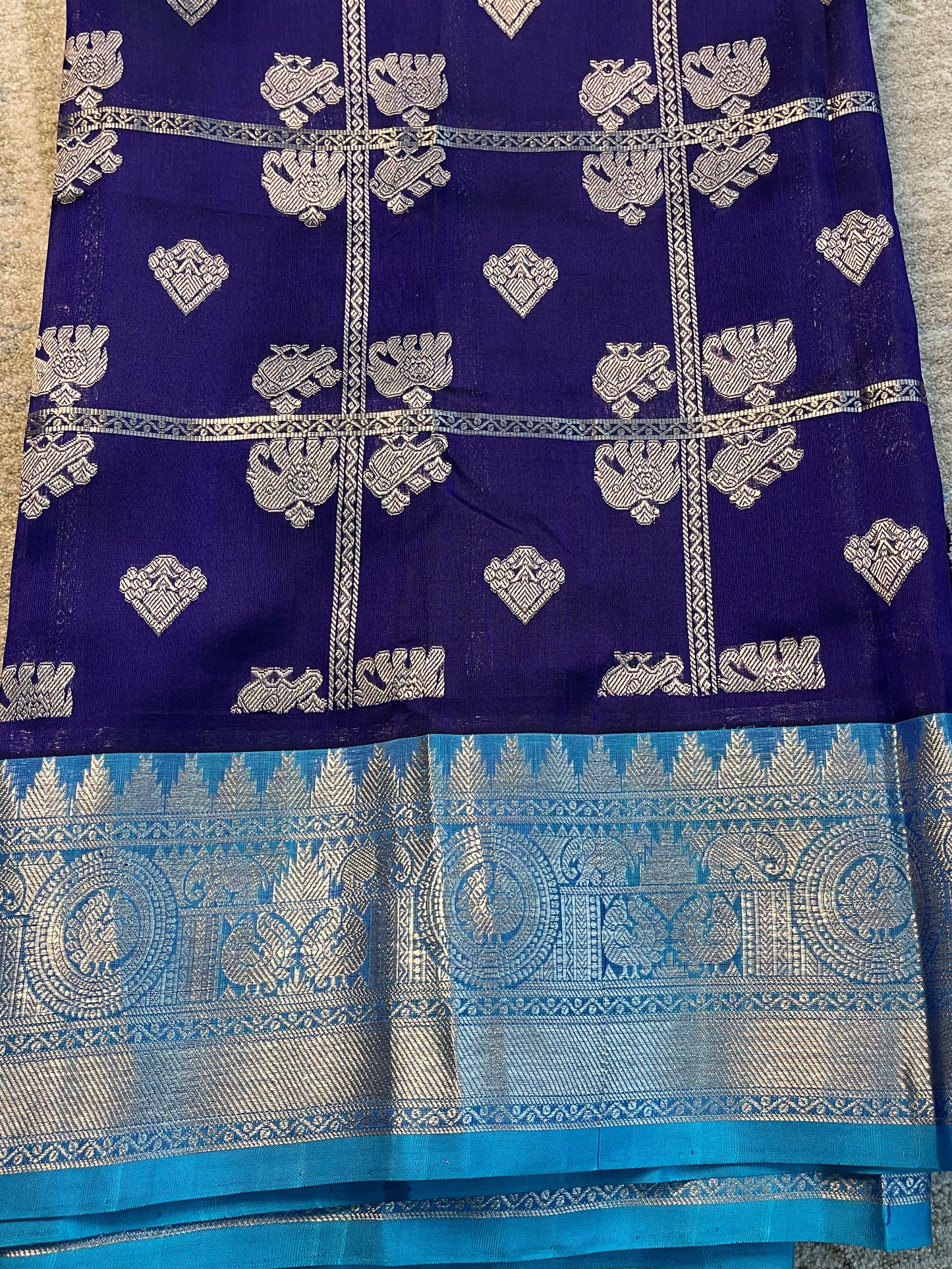 Exclusive Navy Blue Saree with Teal Blue Silver Zari Border