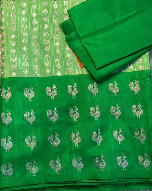 Exquisite Designer Light Green Silk Saree with Intricate Peacock Border w/ Blouse