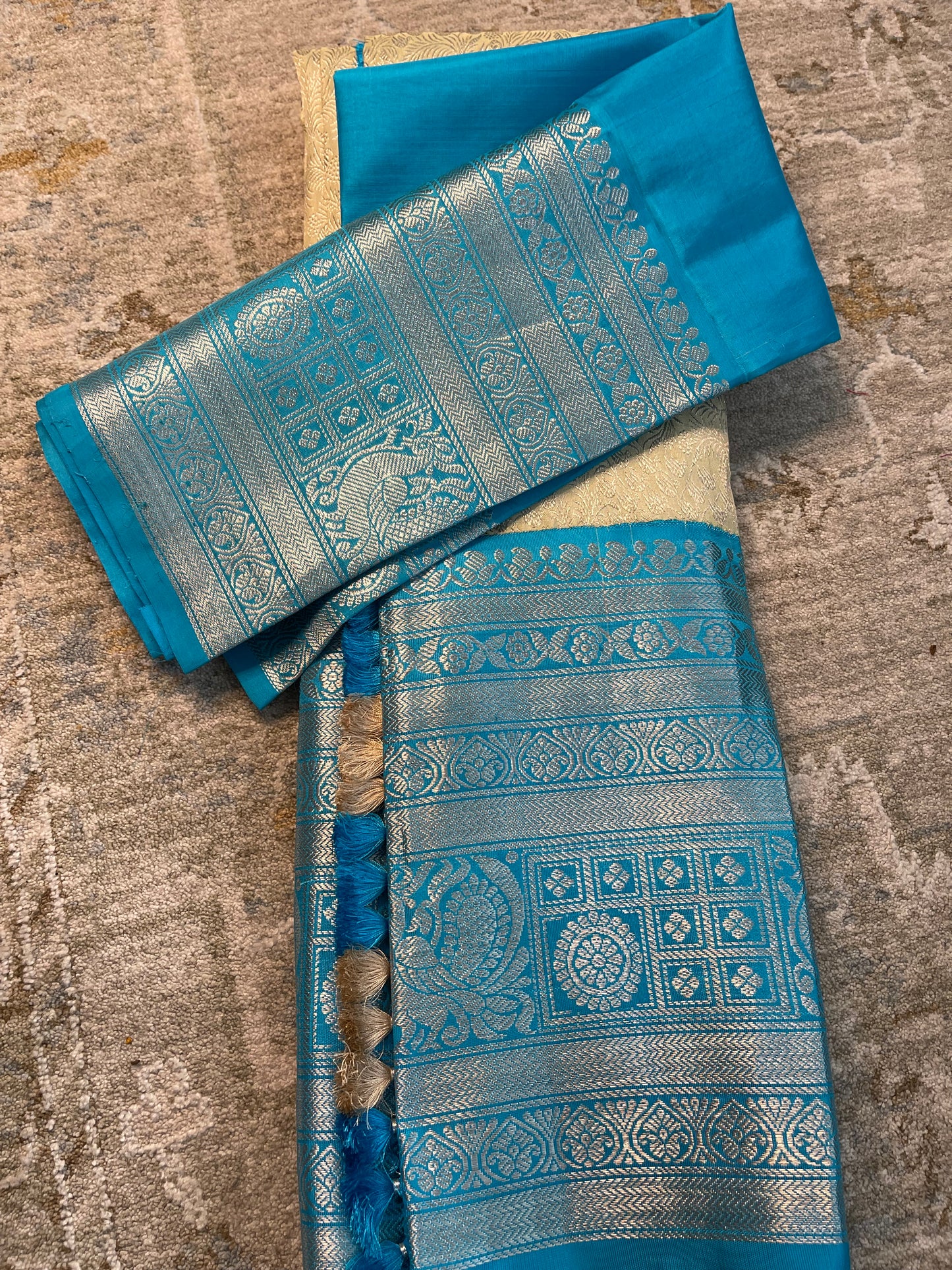 Elegant Cream Saree with Sea Blue and Silver Zari Border