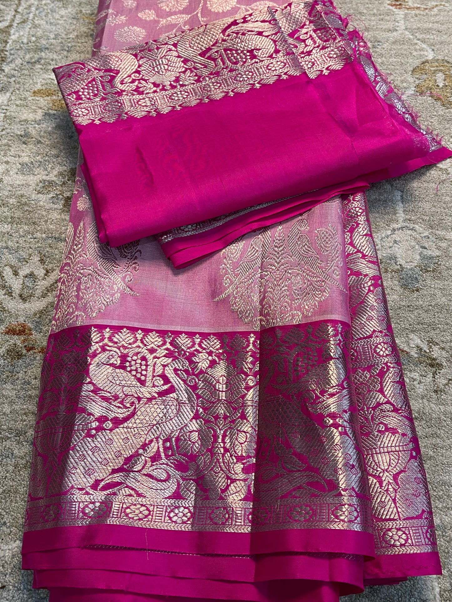 Elegant Light Pink Silk Saree with Dark Pink Peacock Zari Border