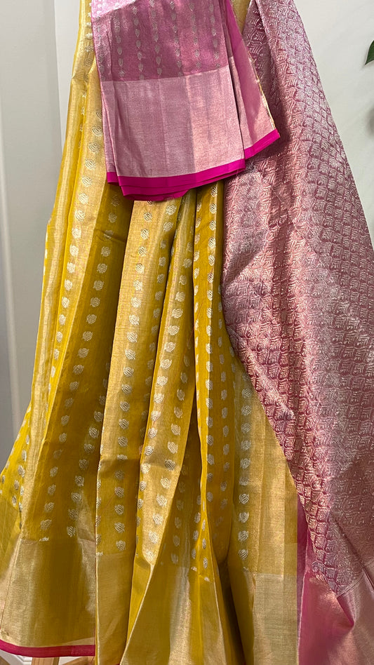 Elegant Pastel Chandan Saree with Pink Border and Silver Zari