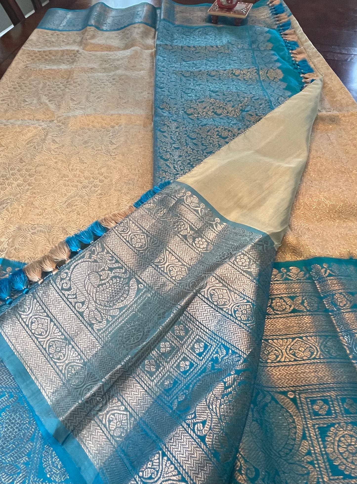 Elegant Cream Saree with Sea Blue and Silver Zari Border