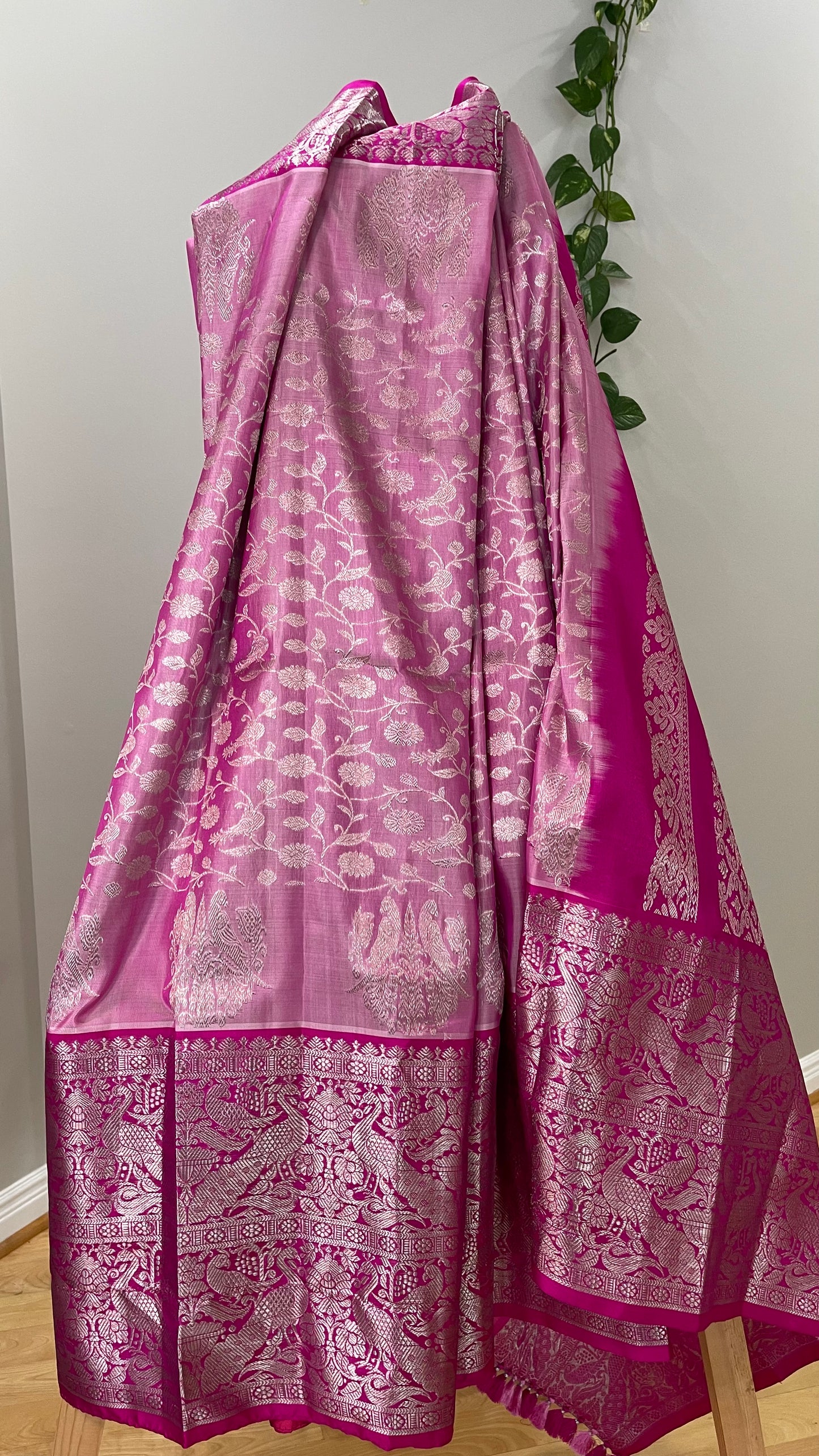 Elegant Light Pink Silk Saree with Dark Pink Peacock Zari Border