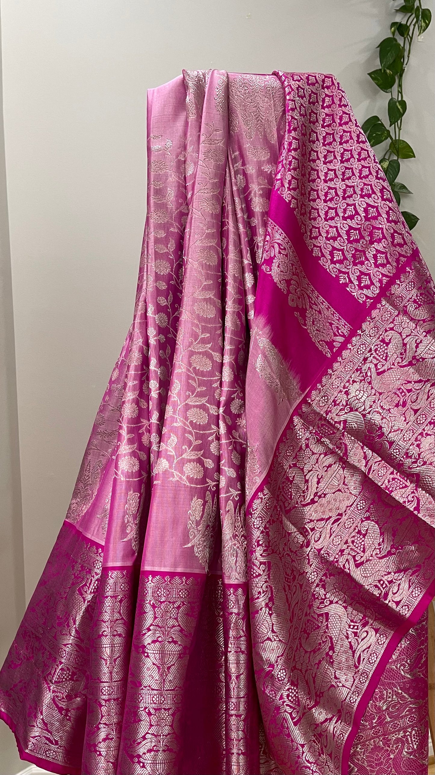 Elegant Light Pink Silk Saree with Dark Pink Peacock Zari Border