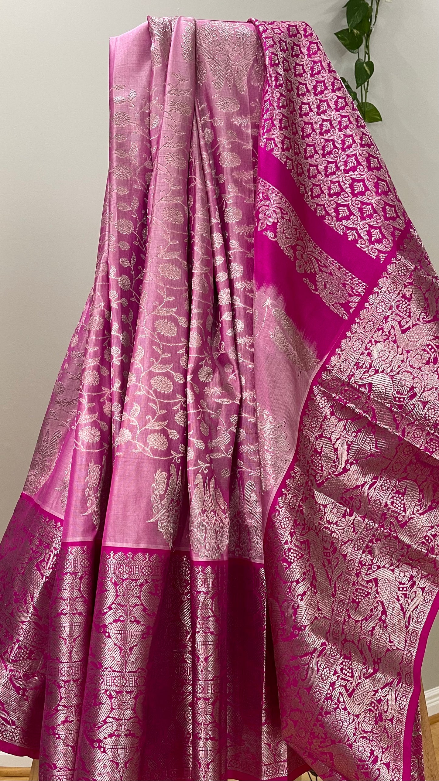 Elegant Light Pink Silk Saree with Dark Pink Peacock Zari Border