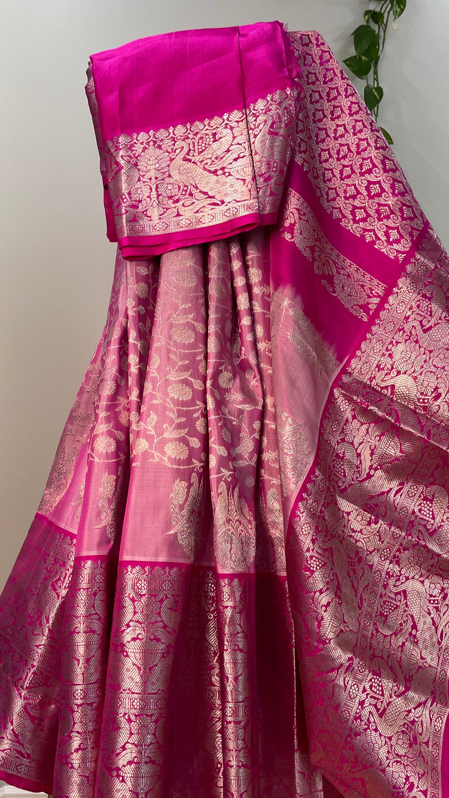 Elegant Light Pink Silk Saree with Dark Pink Peacock Zari Border