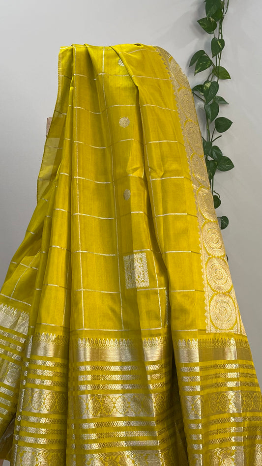 Unique Mehendi Green Silk Saree with Silver Zari Border and Checks