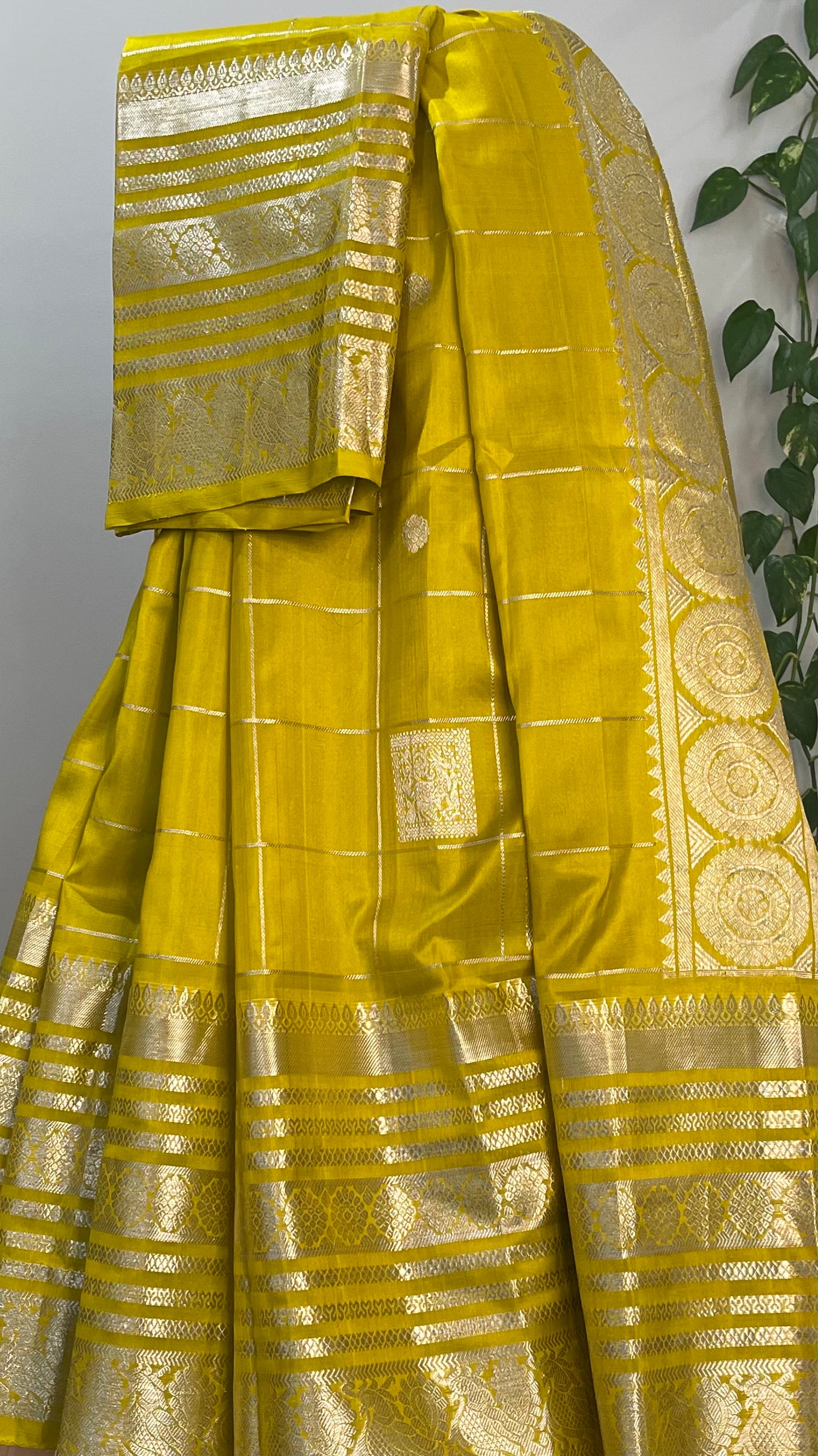 Unique Mehendi Green Silk Saree with Silver Zari Border and Checks