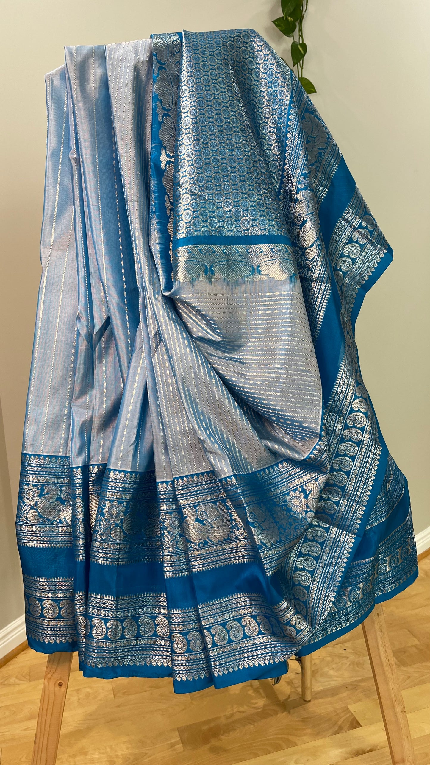 Elegant Baby Blue Saree with Dark Blue Silver Zari Mango Border