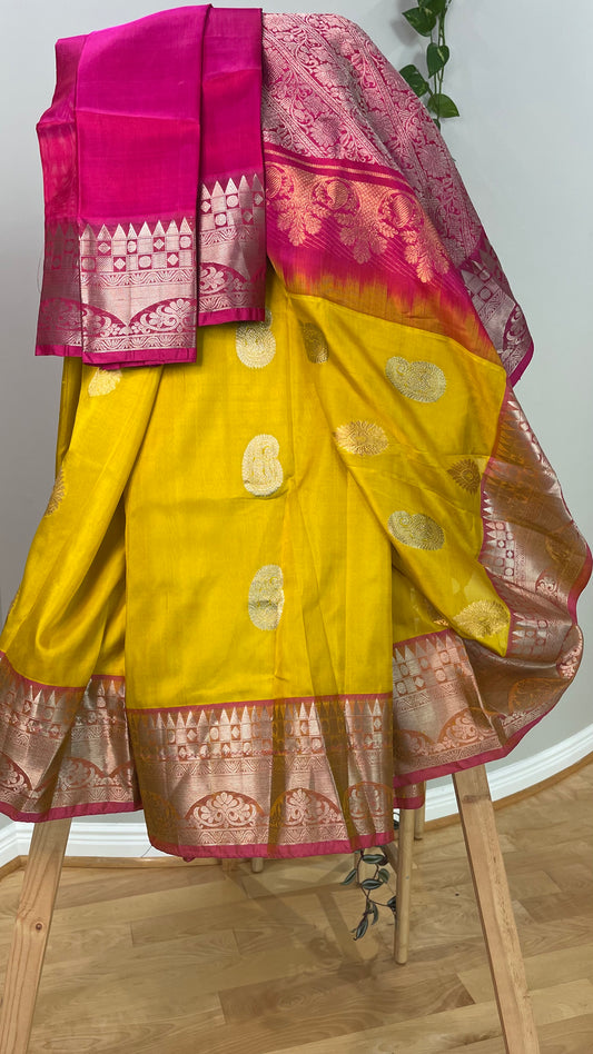 Elegant Haldi Yellow Saree with Dark Pink Silver Zari Border