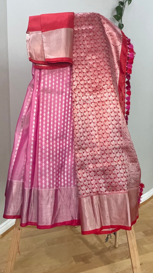 Elegant Baby Pink Saree with Red Khaddi Zari Border