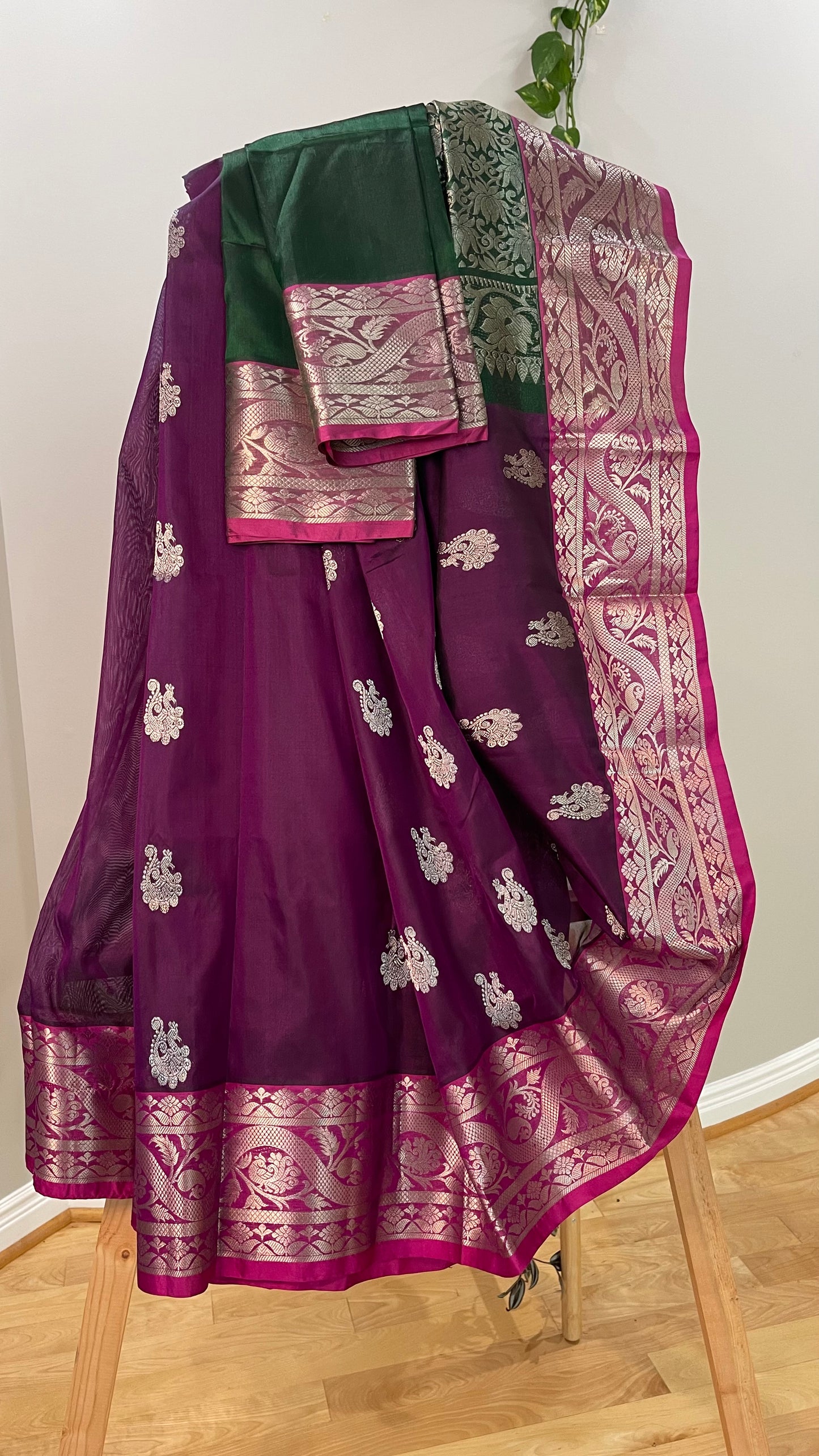 Elegant Dark Purple Silk Saree with Green Borders and Zari Motifs