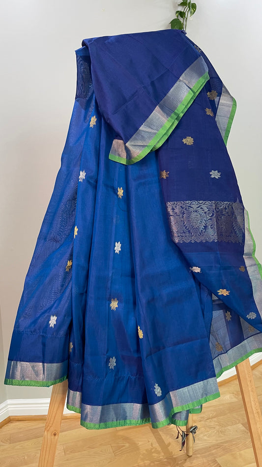 Elegant Teal Blue Saree with Parrot Green Selvedge and Self Zari