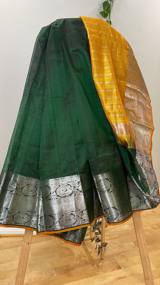 Traditional Dark Green Cotton Silk Saree with Yellow Zari Border