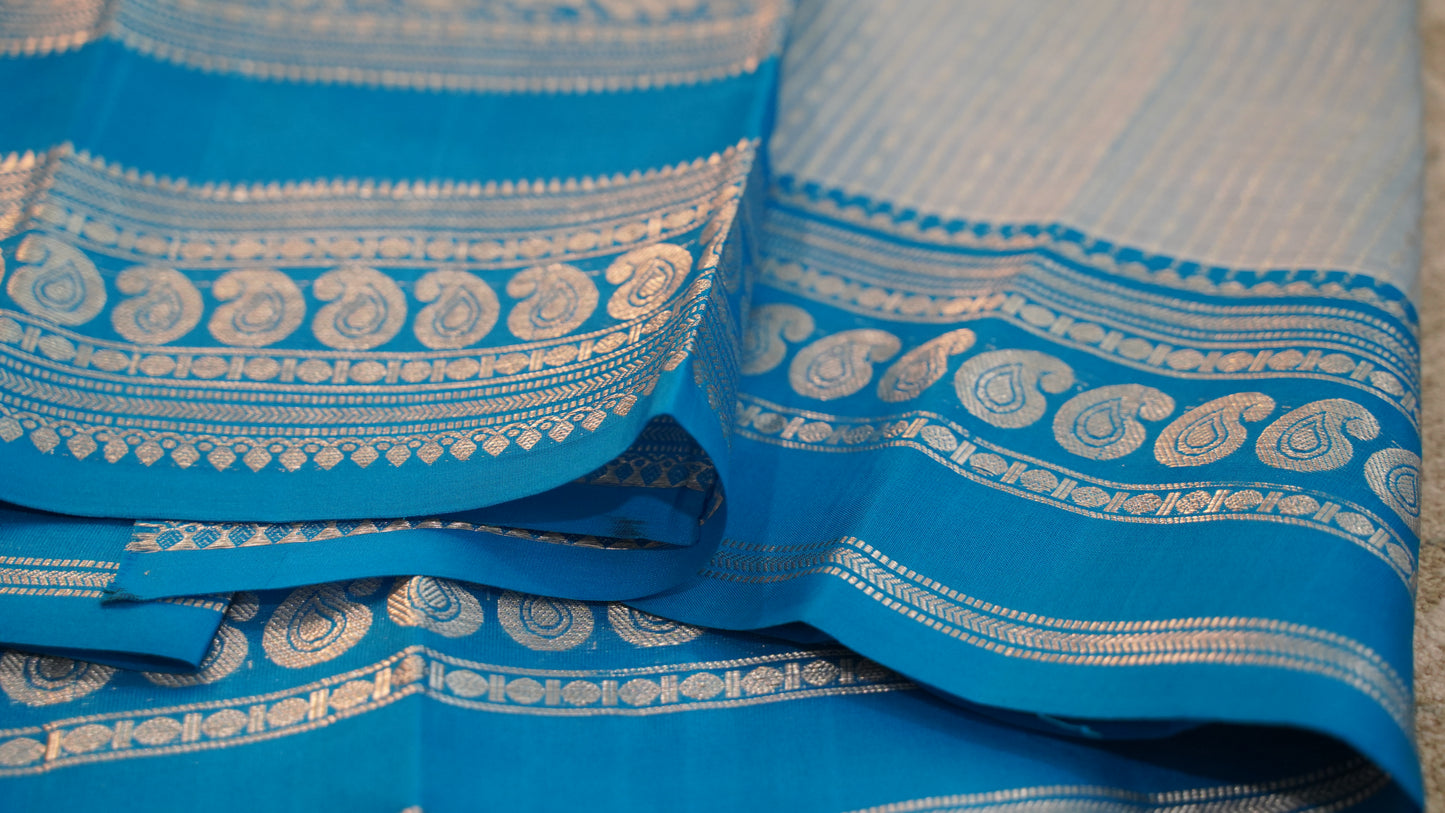 Elegant Baby Blue Saree with Dark Blue Silver Zari Mango Border