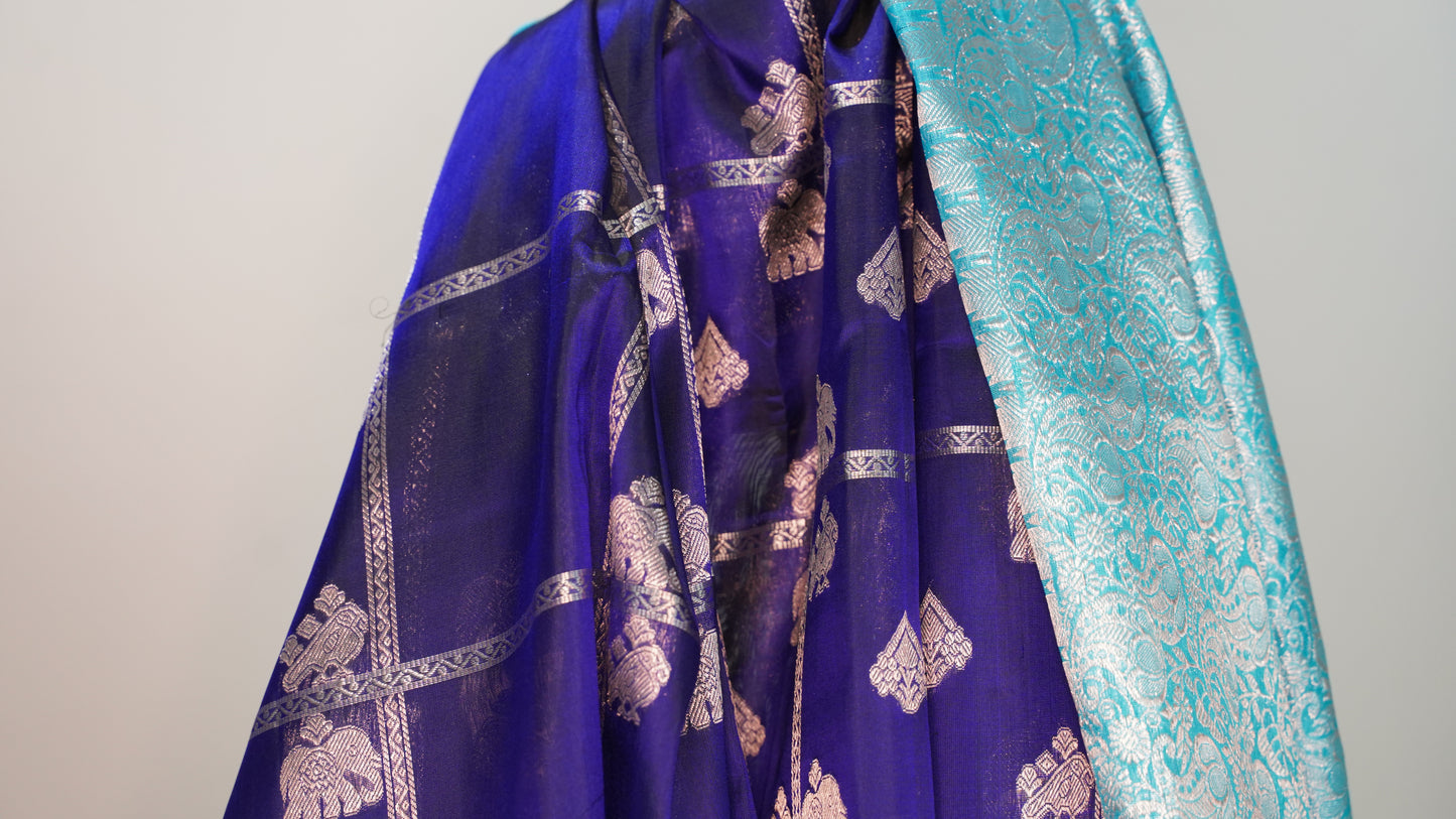 Exclusive Navy Blue Saree with Teal Blue Silver Zari Border