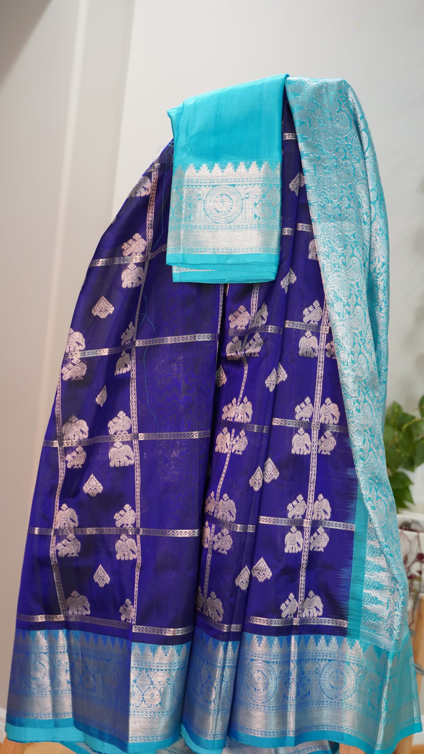 Exclusive Navy Blue Saree with Teal Blue Silver Zari Border